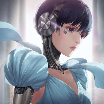 The primary subject of the image is a woman wearing a blue dress and a blue scarf. She is standing in front of a window, and her outfit is reminiscent of a futuristic or cyberpunk style. The visual style of the image is digital art, with the woman's outfit and the background featuring a mix of colors and textures. The overall atmosphere of the image is one of mystery and intrigue, as the woman appears to be a character from a science fiction or fantasy story.
